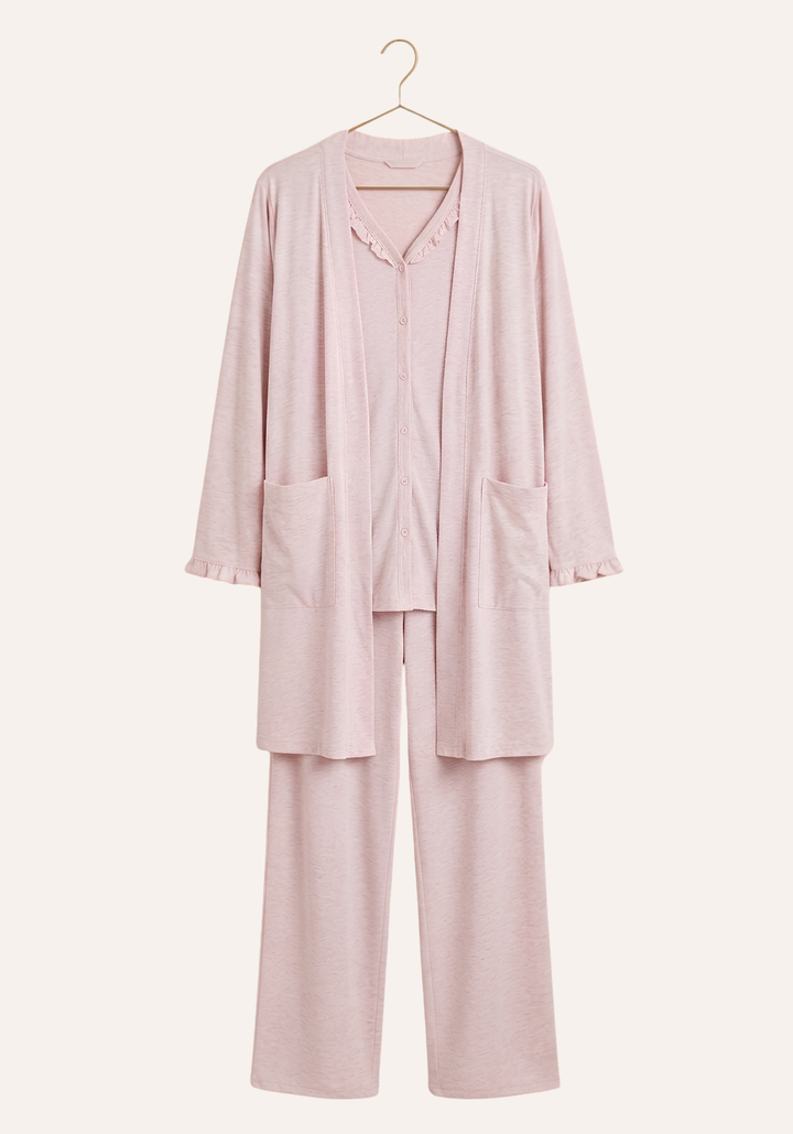 Buttoned Short Sleeve Top - Pant - Robe Set