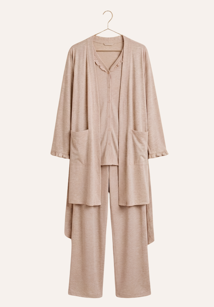 Buttoned Short Sleeve Top - Pant - Robe Set