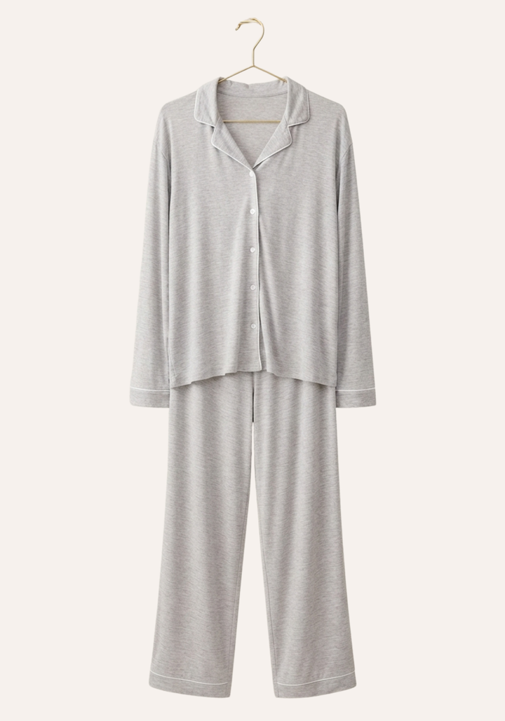 Plain Collar Button Long Sleeve Top And Pant Pajamas