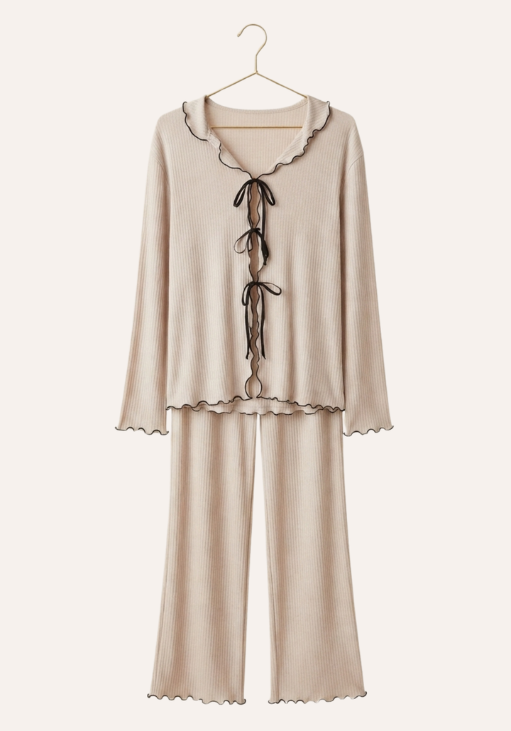 Plain Chords Collar Button Long Sleeve Top And Pant Pajamas