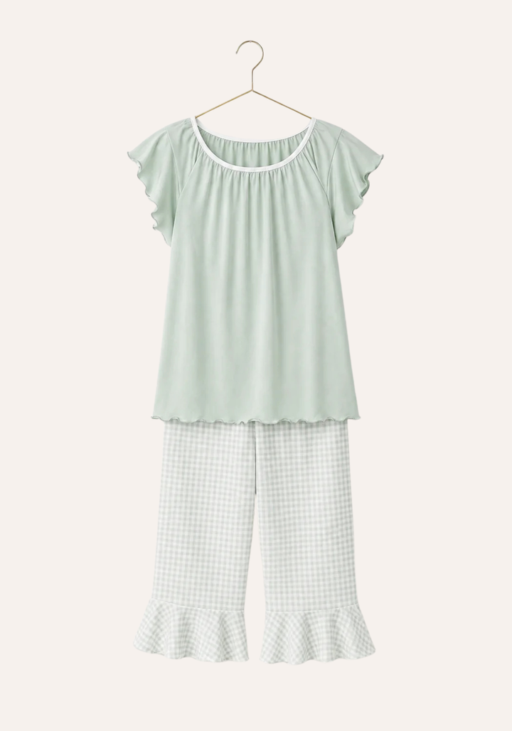 Plain Mega Sleeve Gingham Top And Chequered Capri Set