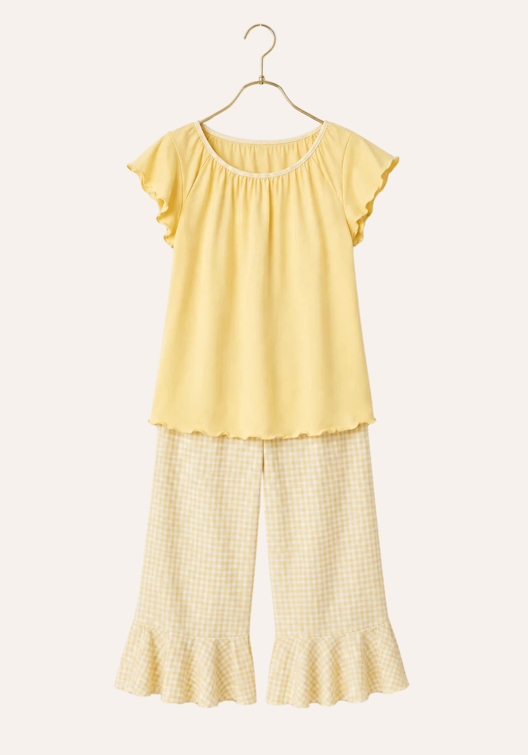 Plain Mega Sleeve Gingham Top And Chequered Capri Set