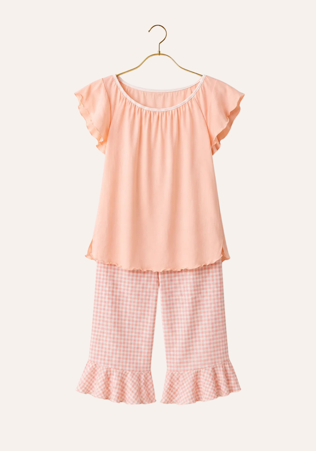 Plain Mega Sleeve Gingham Top And Chequered Capri Set