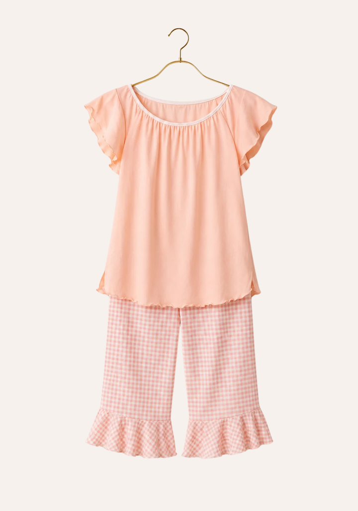 Plain Mega Sleeve Gingham Top And Chequered Capri Set