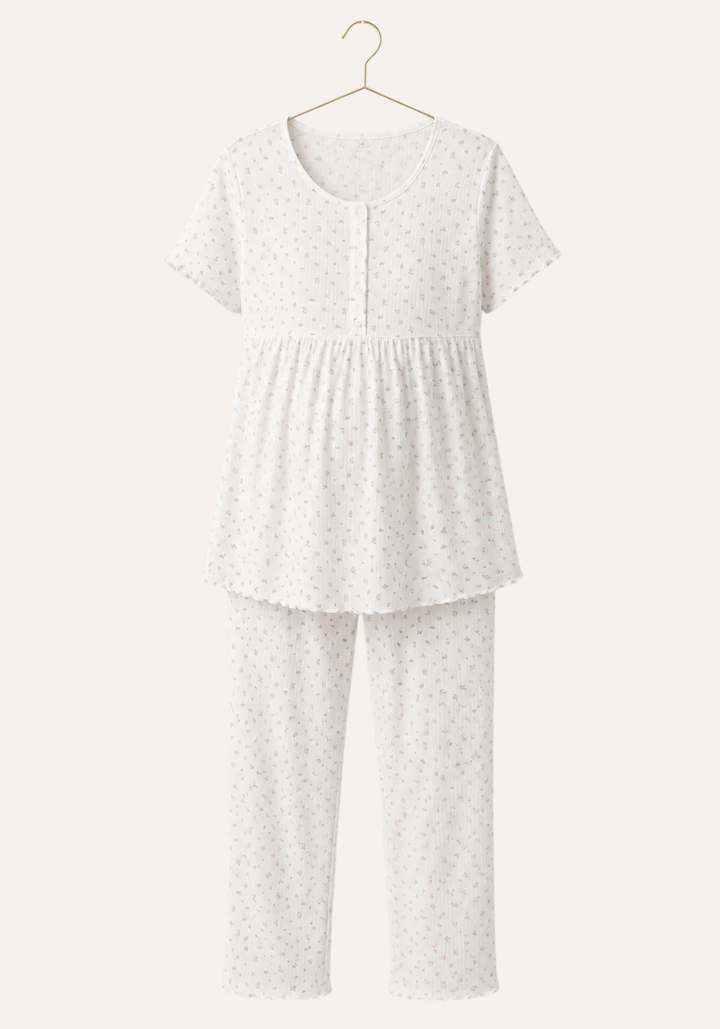 Flower-Print Ribbed Short Sleeve Half Buttoned Top And Pant Pajamas