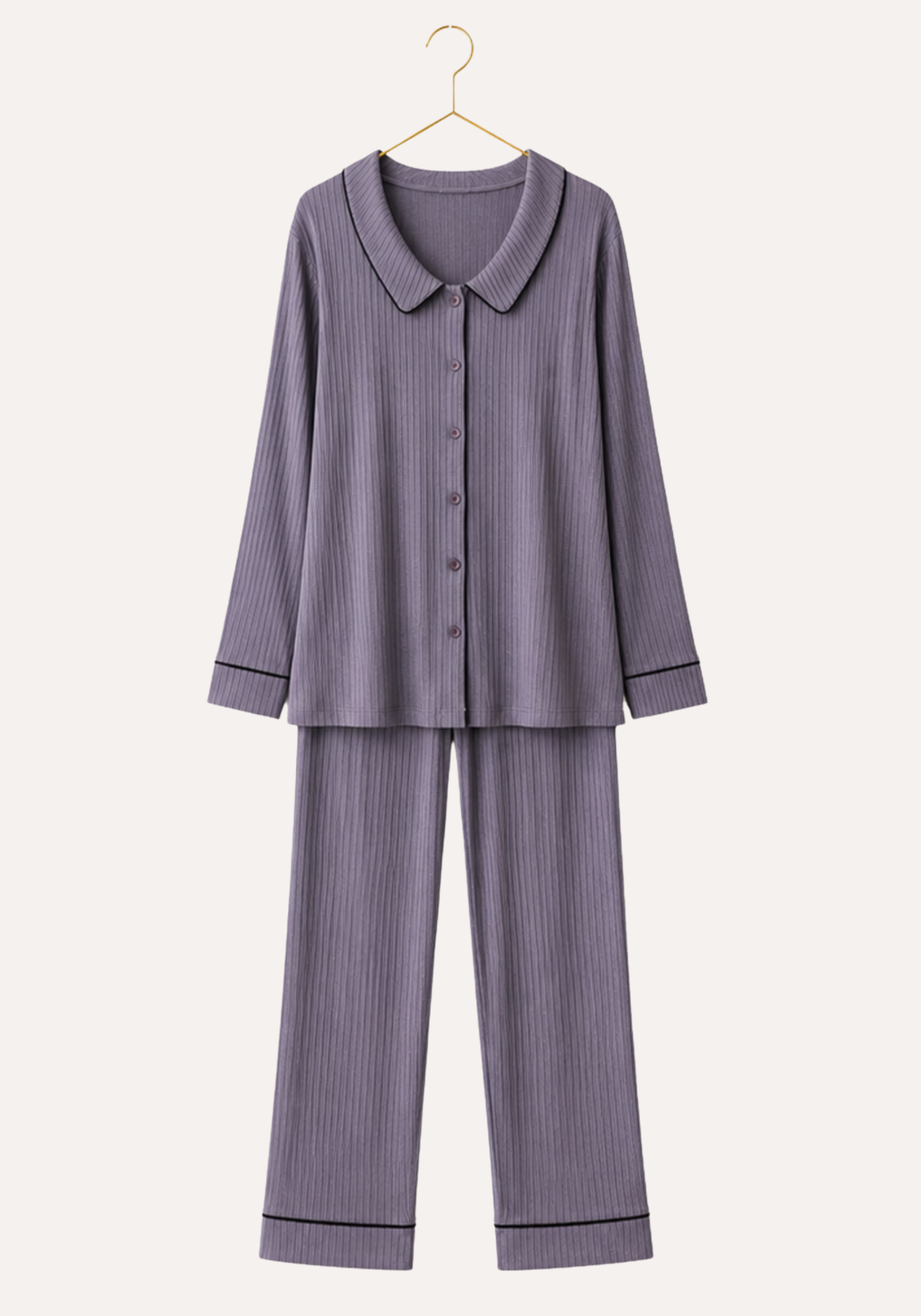 Plain Chords Collar Button Long Sleeve Pajamas