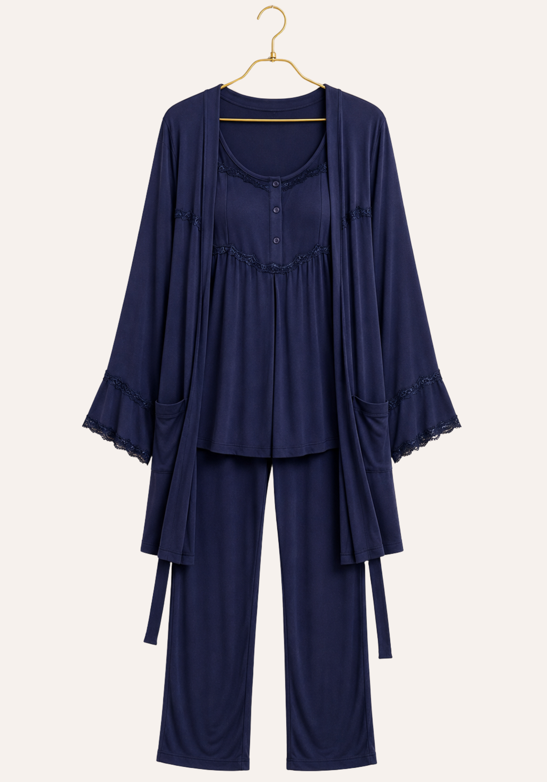 Buttoned Short Sleeve Top And Pant And Robe Set
