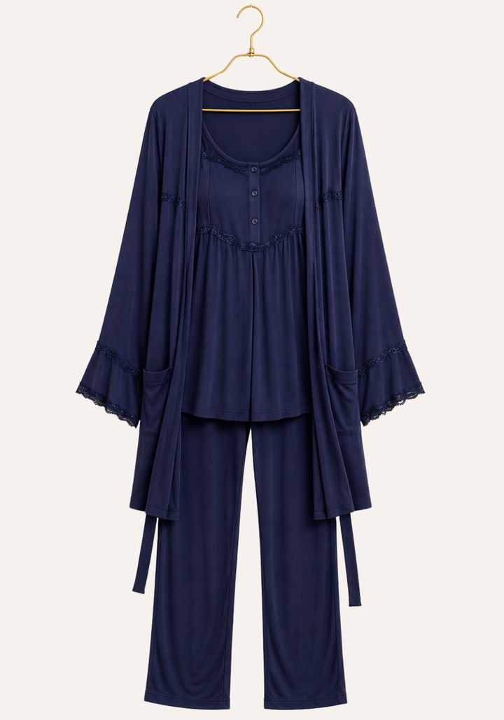 Buttoned Short Sleeve Top And Pant And Robe Set