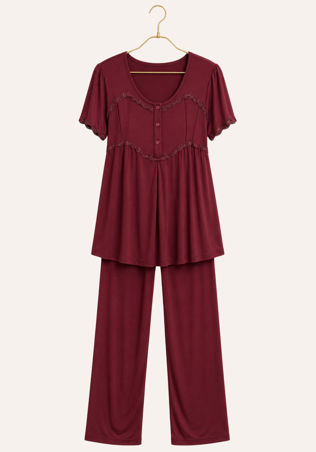 Buttoned Short Sleeve Top And Pant And Robe Set