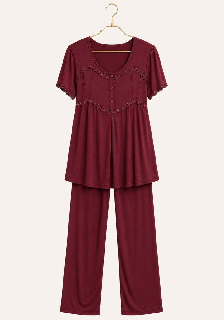 Buttoned Short Sleeve Top And Pant And Robe Set