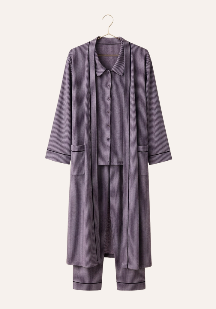 Plain Chords 3 Piece Pajama: Collar Button Long Sleeve Top And Pants And Long Robe