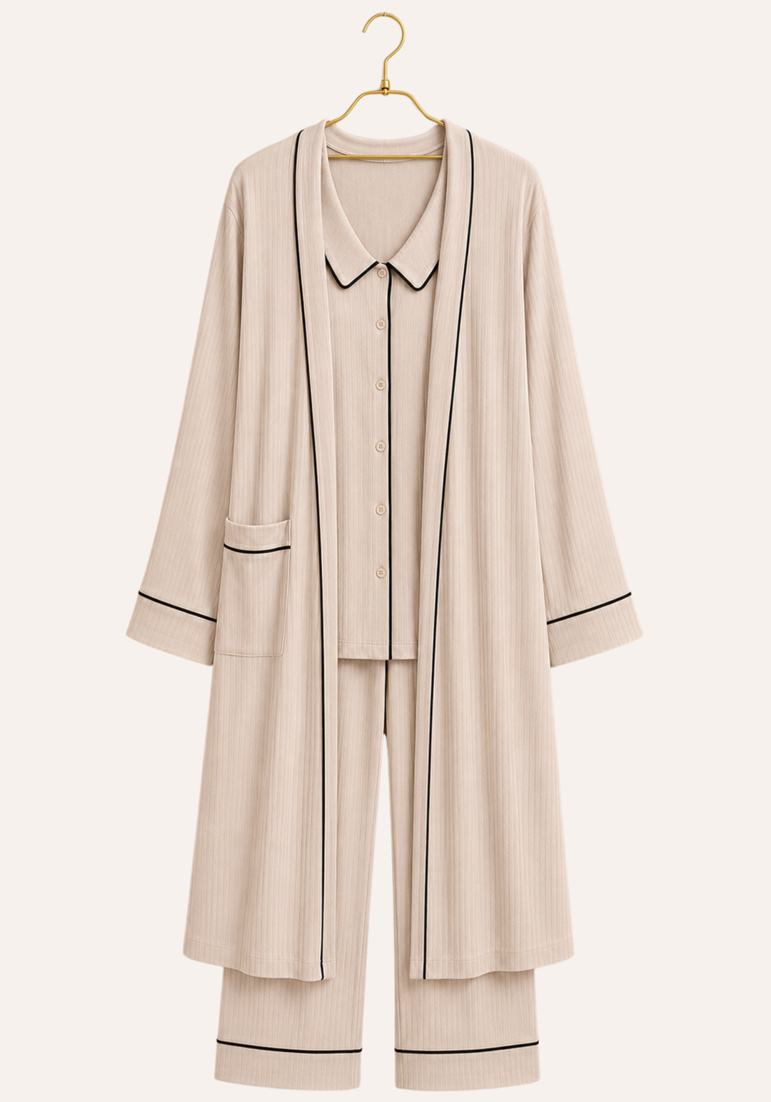 Plain Chords 3 Piece Pajama: Collar Button Long Sleeve Top And Pants And Long Robe