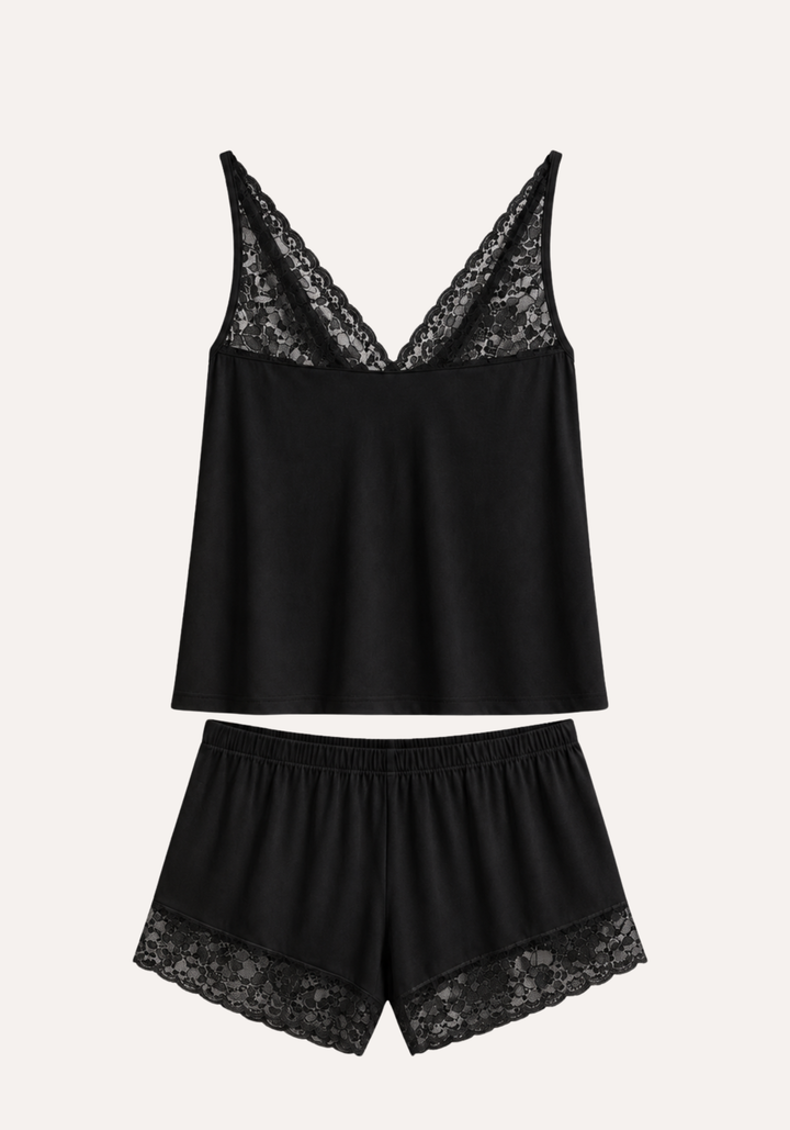Modal Short Set: Shoulder Strap Top With Lace Detail And Shorts