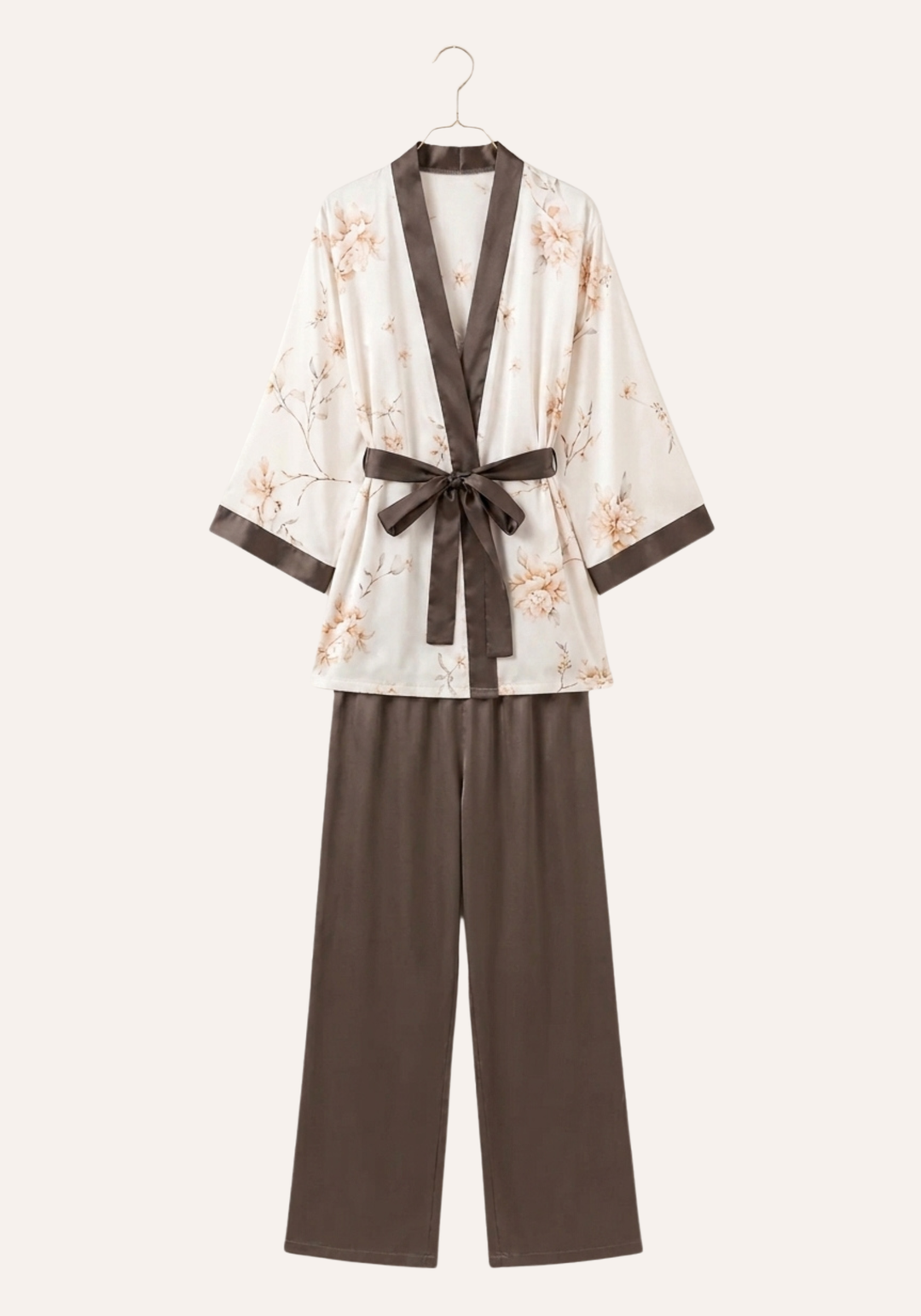 4 Pieces Set: Satin Print Strap Top With Lace And Plain Shorts And Pants And Floral Print Kimono