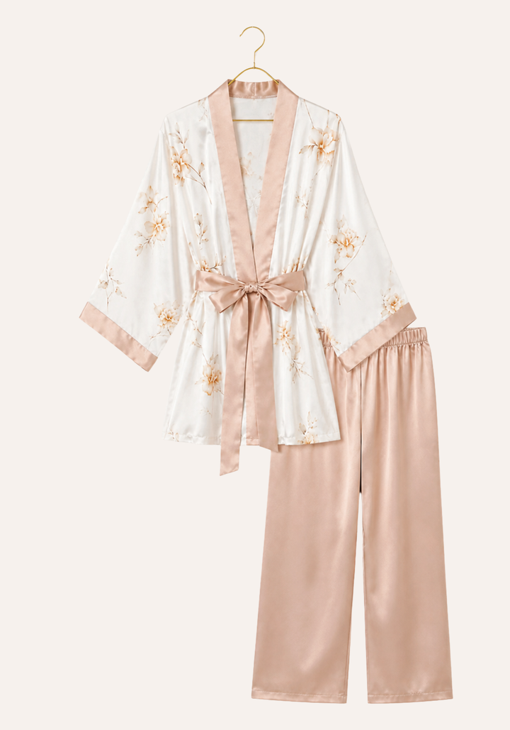 4 Pieces Set: Satin Print Strap Top With Lace And Plain Shorts And Pants And Floral Print Kimono