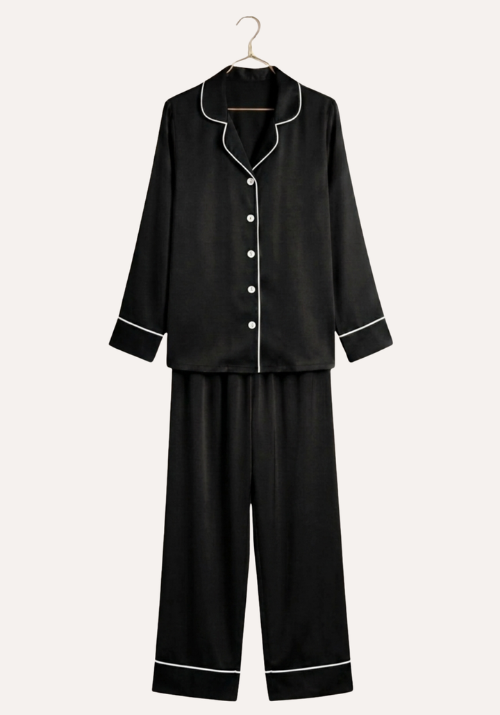 Satin Pajama: Collar Button Long Sleeve Top And Pant