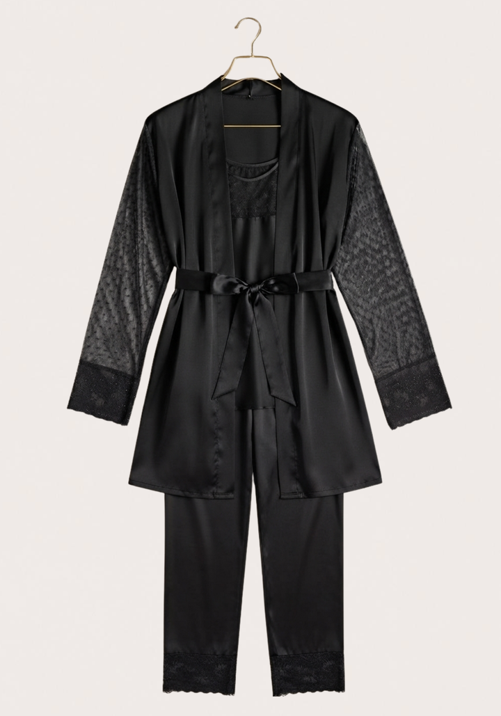 Satin 3 Pieces Set: Sleeveless Top And Plain Pant And Kimono All With Lace Detail