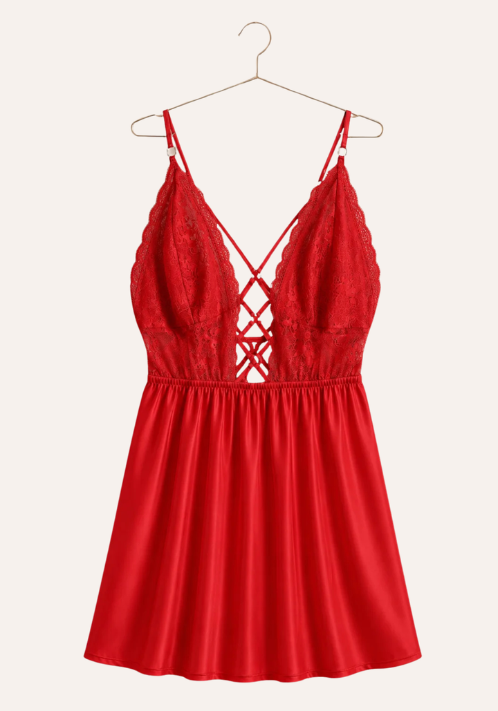 Babydoll: Shoulder Strap Lace Bra Open Back Satin Babydoll