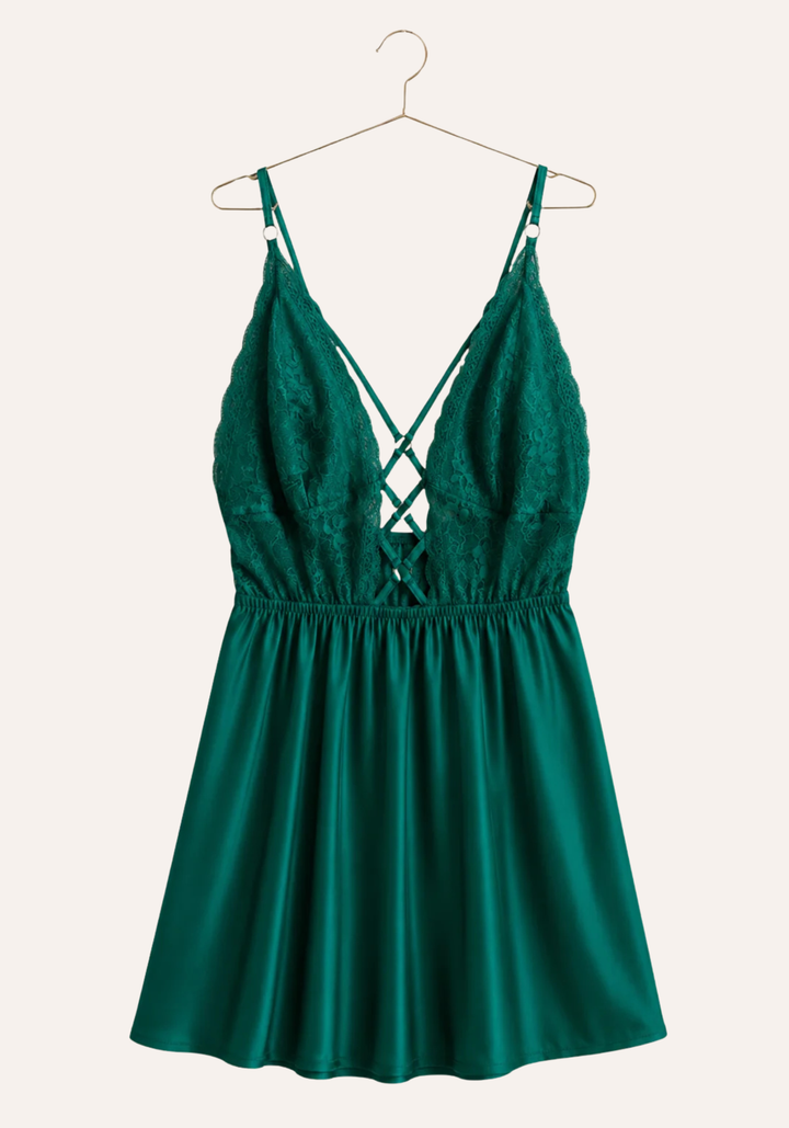 Babydoll: Shoulder Strap Lace Bra Open Back Satin Babydoll