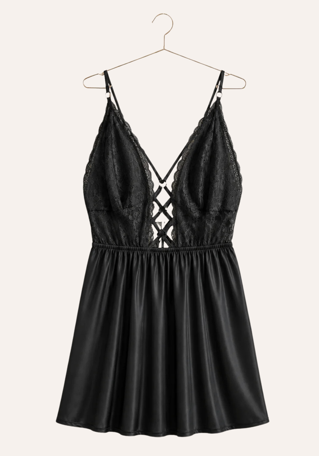 Babydoll: Shoulder Strap Lace Bra Open Back Satin Babydoll