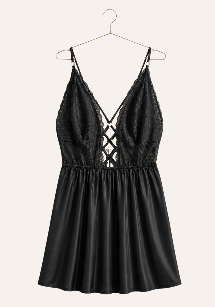 Babydoll: Shoulder Strap Lace Bra Open Back Satin Babydoll
