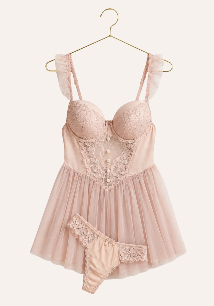 Lingerie Babydoll: Ruffle Strap Dantel Padded Cup Bustier Schiffon Babydoll With Satin Lace Panty