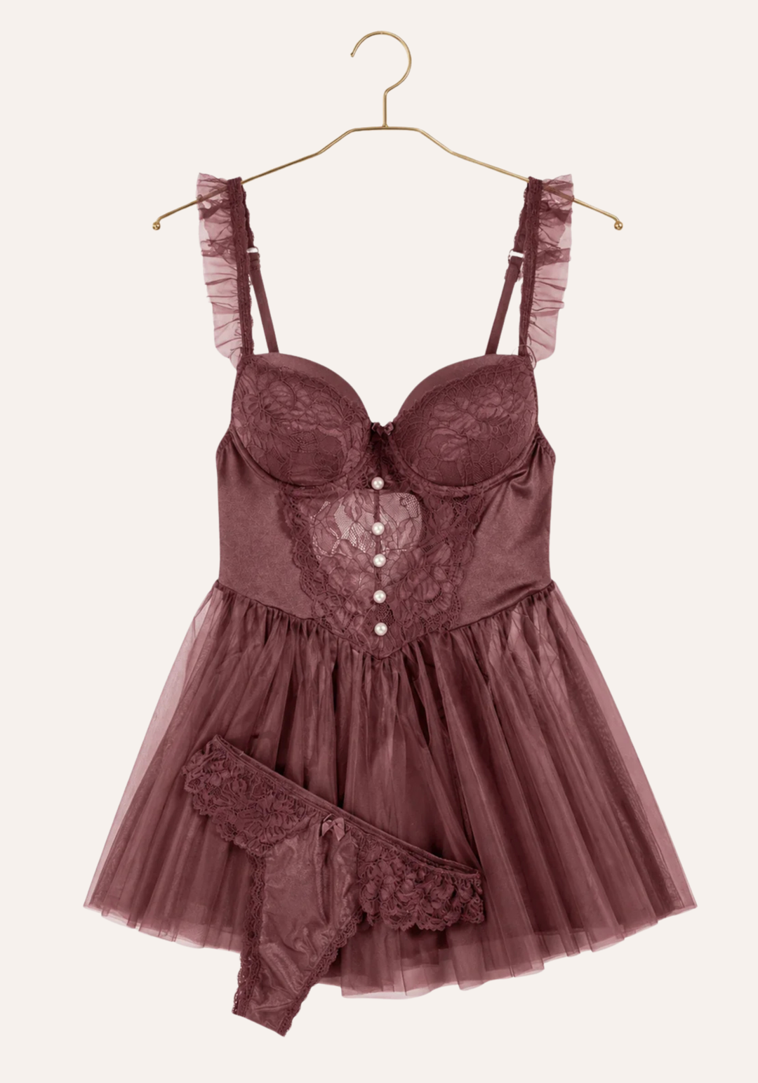 Lingerie Babydoll: Ruffle Strap Dantel Padded Cup Bustier Schiffon Babydoll With Satin Lace Panty