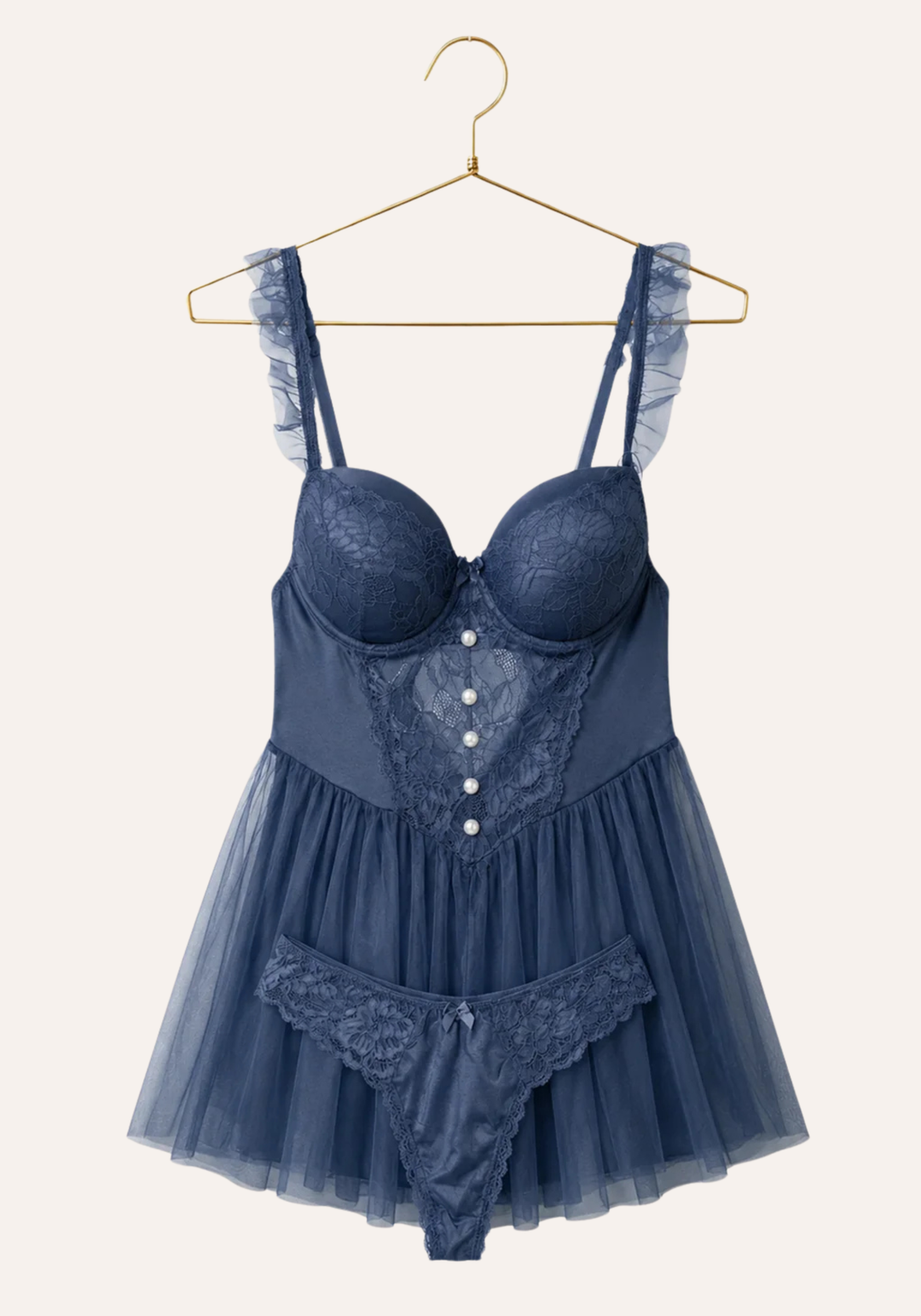 Lingerie Babydoll: Ruffle Strap Dantel Padded Cup Bustier Schiffon Babydoll With Satin Lace Panty