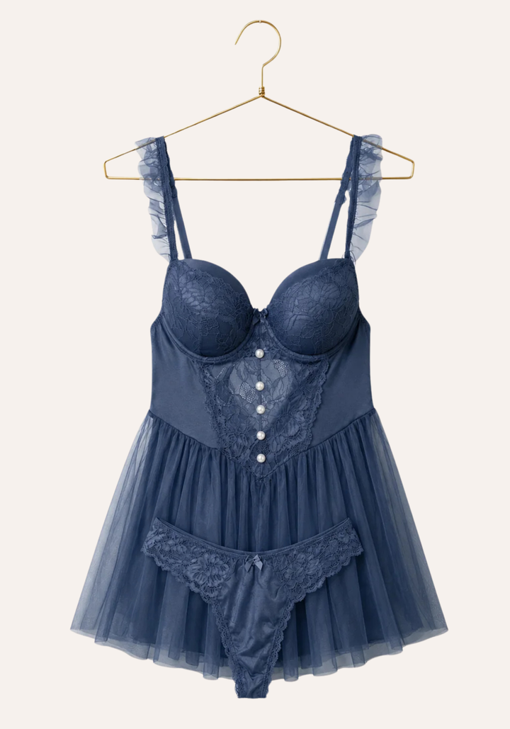 Lingerie Babydoll: Ruffle Strap Dantel Padded Cup Bustier Schiffon Babydoll With Satin Lace Panty