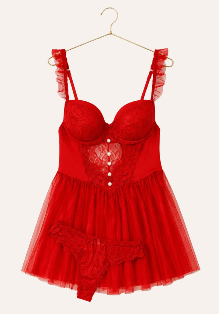Lingerie Babydoll: Ruffle Strap Dantel Padded Cup Bustier Schiffon Babydoll With Satin Lace Panty