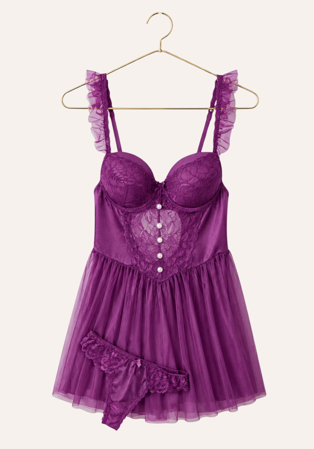Lingerie Babydoll: Ruffle Strap Dantel Padded Cup Bustier Schiffon Babydoll With Satin Lace Panty