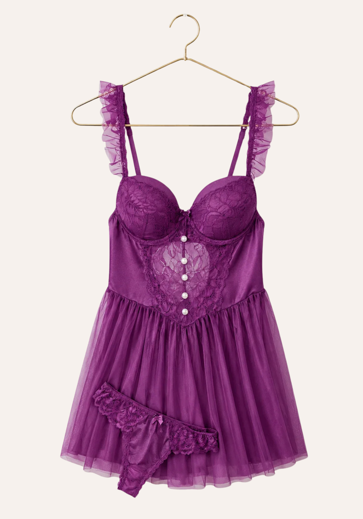 Lingerie Babydoll: Ruffle Strap Dantel Padded Cup Bustier Schiffon Babydoll With Satin Lace Panty