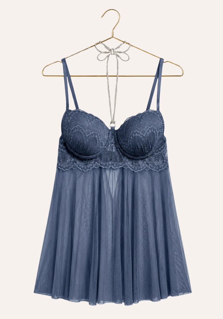 Lingerie Babydoll: Shoulder Strap Dantel Padded Bra With Stras Necklace Attached With Toulle Extension And Panty
