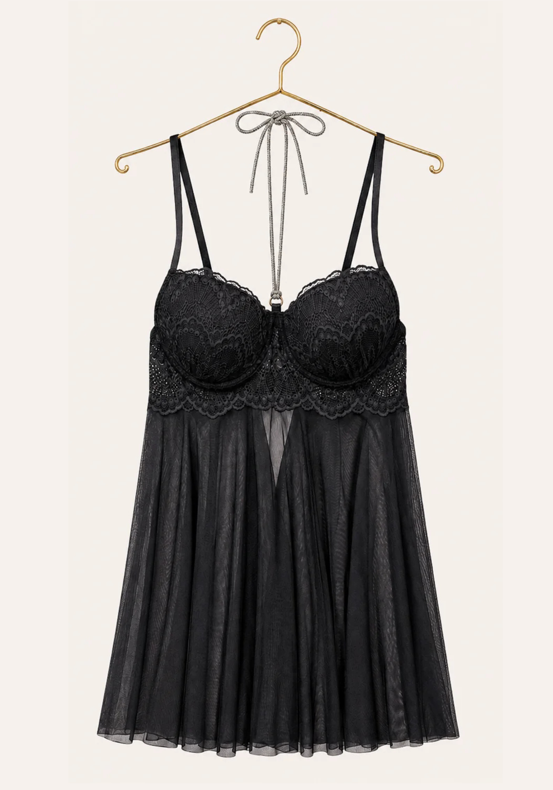 Lingerie Babydoll: Shoulder Strap Dantel Padded Bra With Stras Necklace Attached With Toulle Extension And Panty