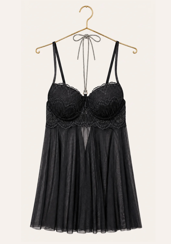 Lingerie Babydoll: Shoulder Strap Dantel Padded Bra With Stras Necklace Attached With Toulle Extension And Panty