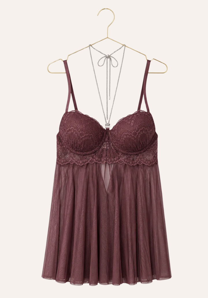 Lingerie Babydoll: Shoulder Strap Dantel Padded Bra With Stras Necklace Attached With Toulle Extension And Panty