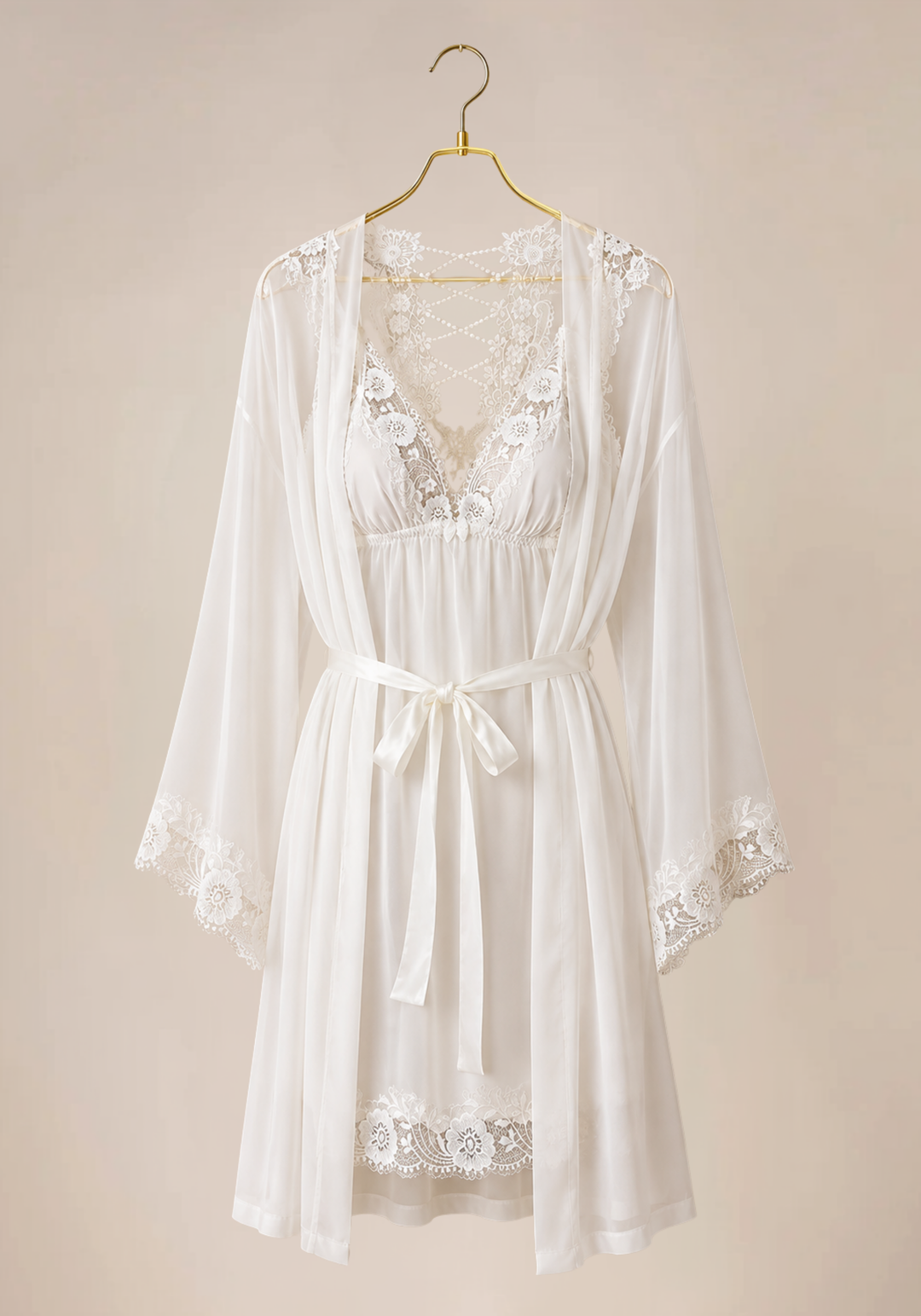 Bridal Short Robe Set: Satin Plain Shoulder Strap Nighty And Satin Kimono With Lace Detail
