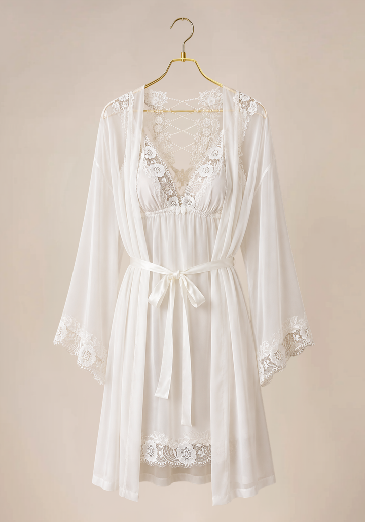 Bridal Short Robe Set: Satin Plain Shoulder Strap Nighty And Satin Kimono With Lace Detail