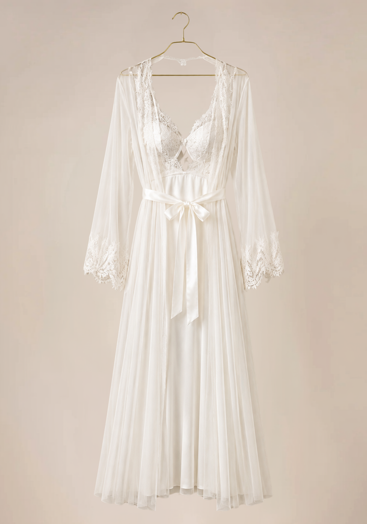 Shoulder Strap Dantel Padded Underwire Bra Satin Long Nighty With Two Side Openings And Long Schiffon Robe With Dantel Details
