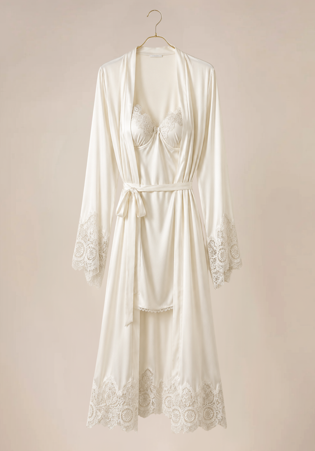 Bridal Long Robe Set: Satin Underwire Padded Short Nighty With Lace Detail And Satin Long Robe With Dantel On The Sleeves And Bottom