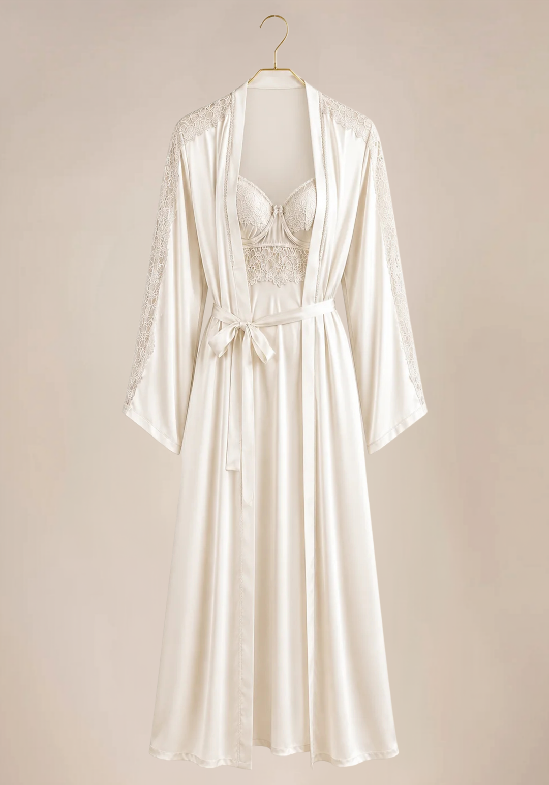 Bridal Long Robe Set: Shoulder Strap Padded Underwire Cup Satin Long Nighty And Satin Long Robe With Lace On The Sleeves