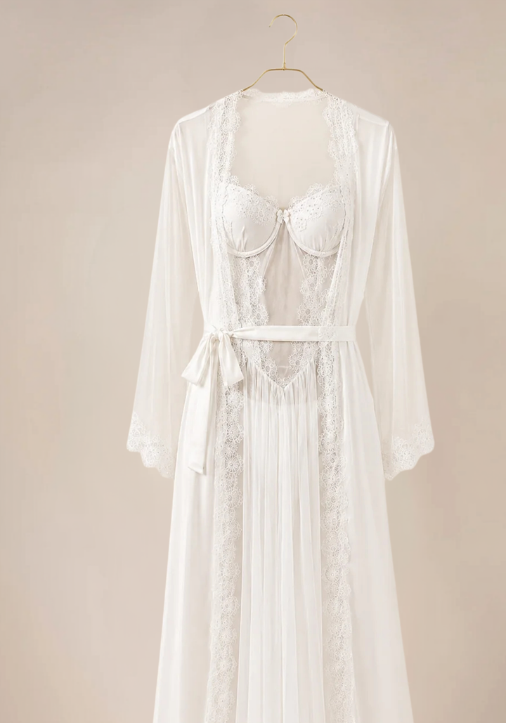 Bridal Long Robe Set: Shoulder Strap Dantel Padded Underwire Cup Schiffon Long Nighty And Satin Long Robe With Schiffon Sleeves And Satin Lace Panty