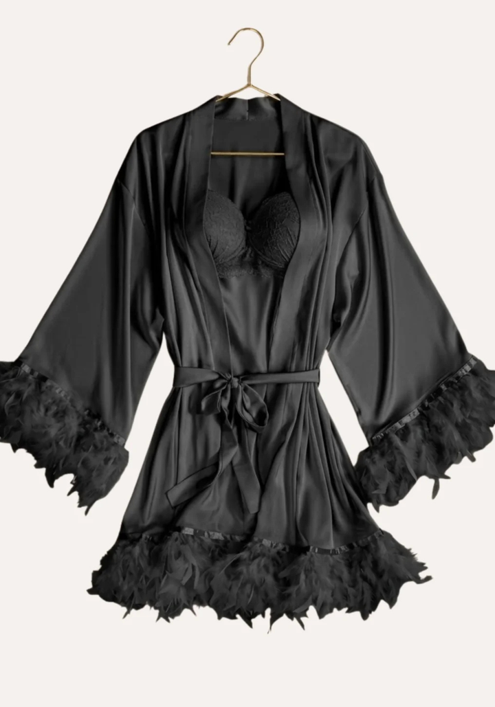 Padded Underwire Bra Satin Babydoll And Long Short Satin Furr Kimono