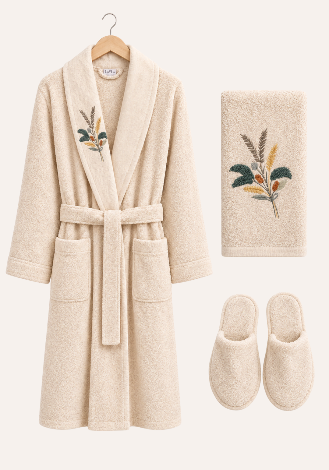3 Pieces Single Bathrobe Embroidered Set