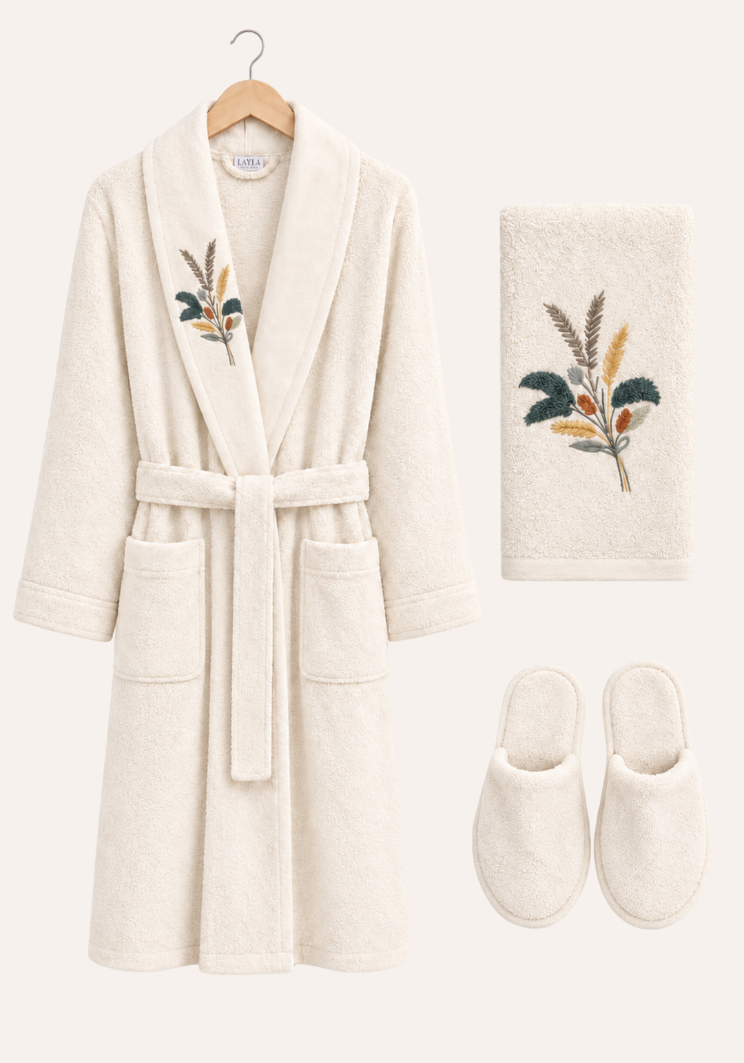 3 Pieces Single Bathrobe Embroidered Set