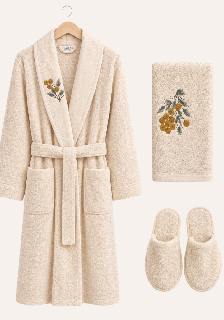 3 Pieces Single Bathrobe Embroidered Set