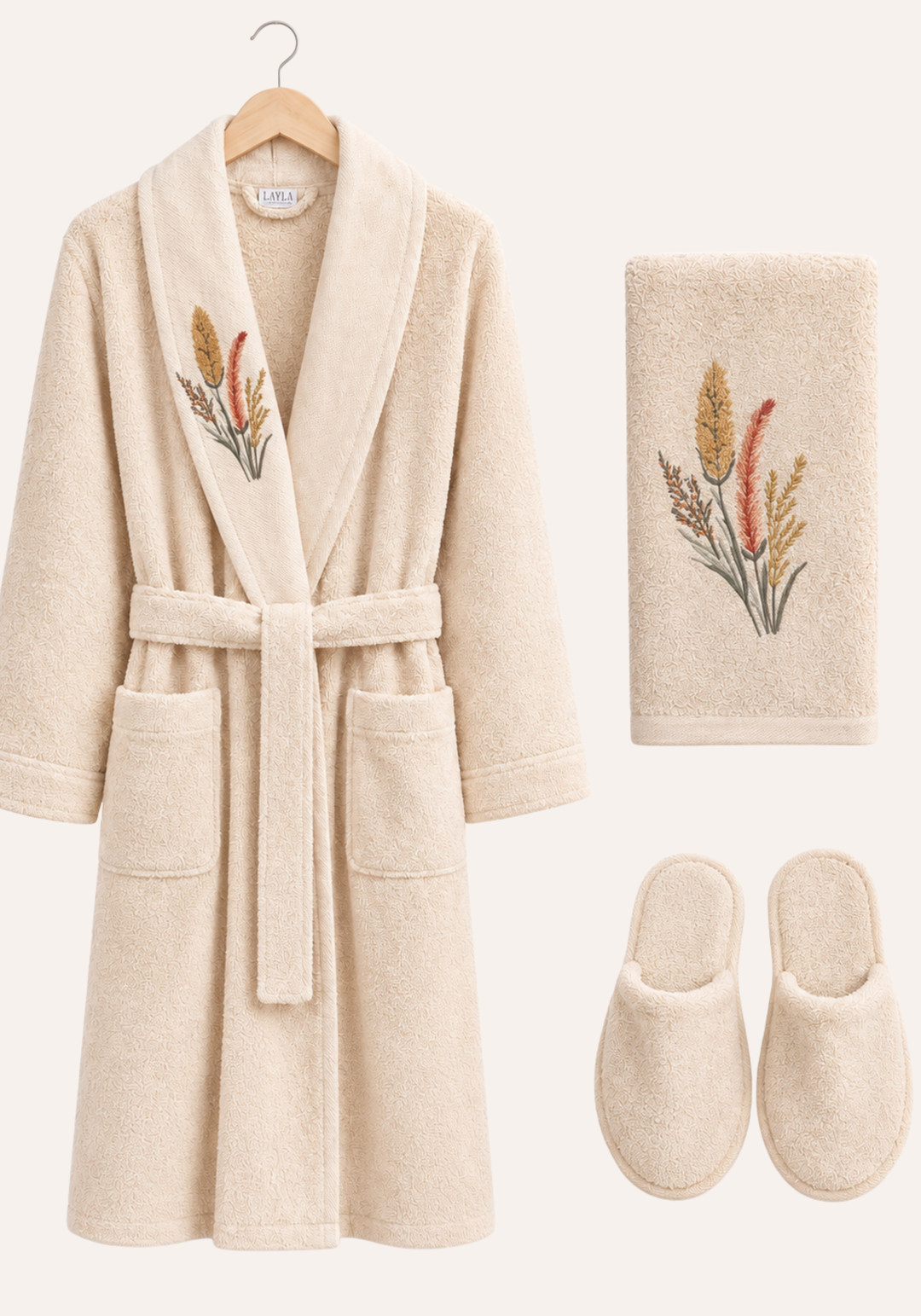 3 Pieces Single Bathrobe Embroidered Set