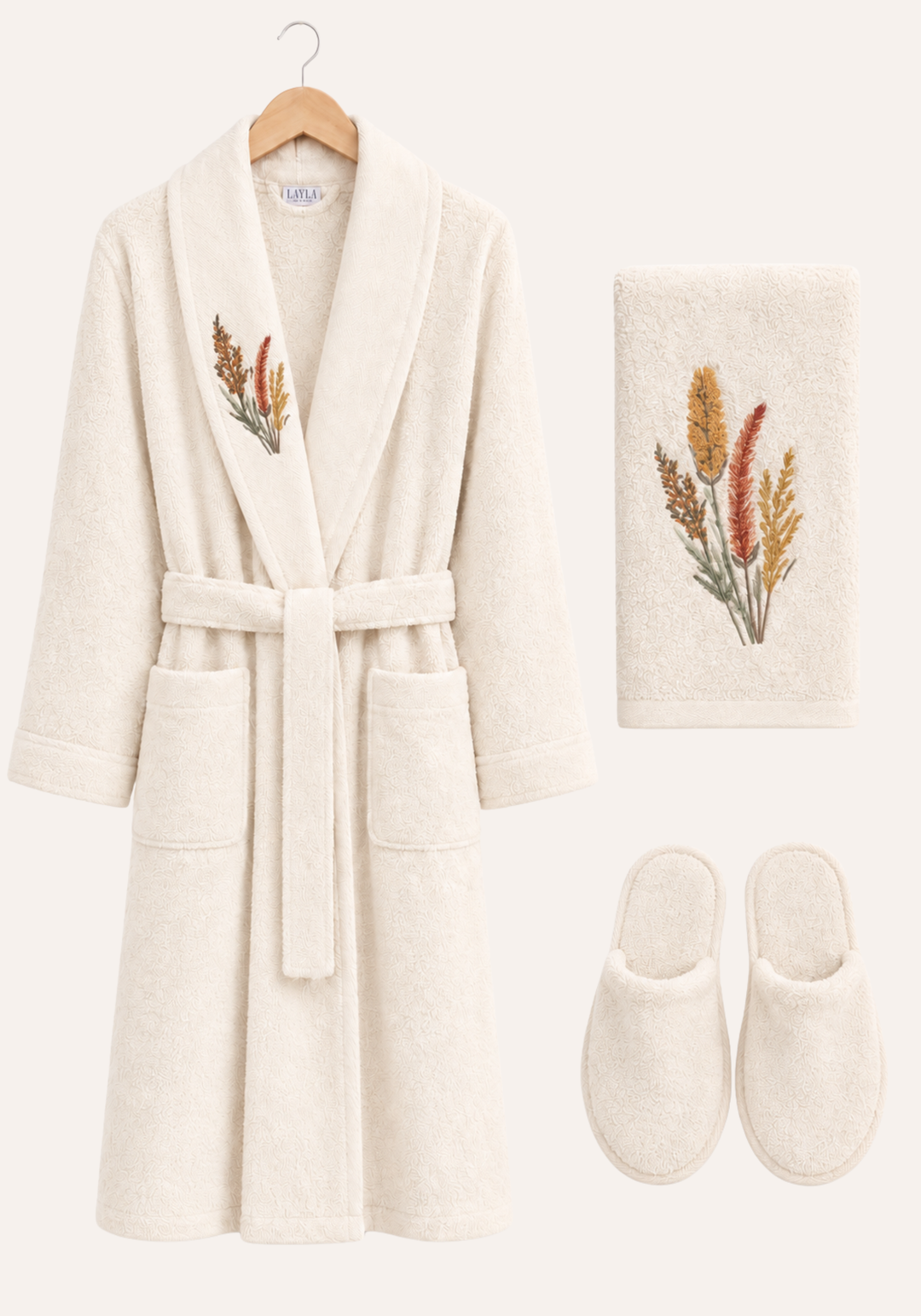 3 Pieces Single Bathrobe Embroidered Set