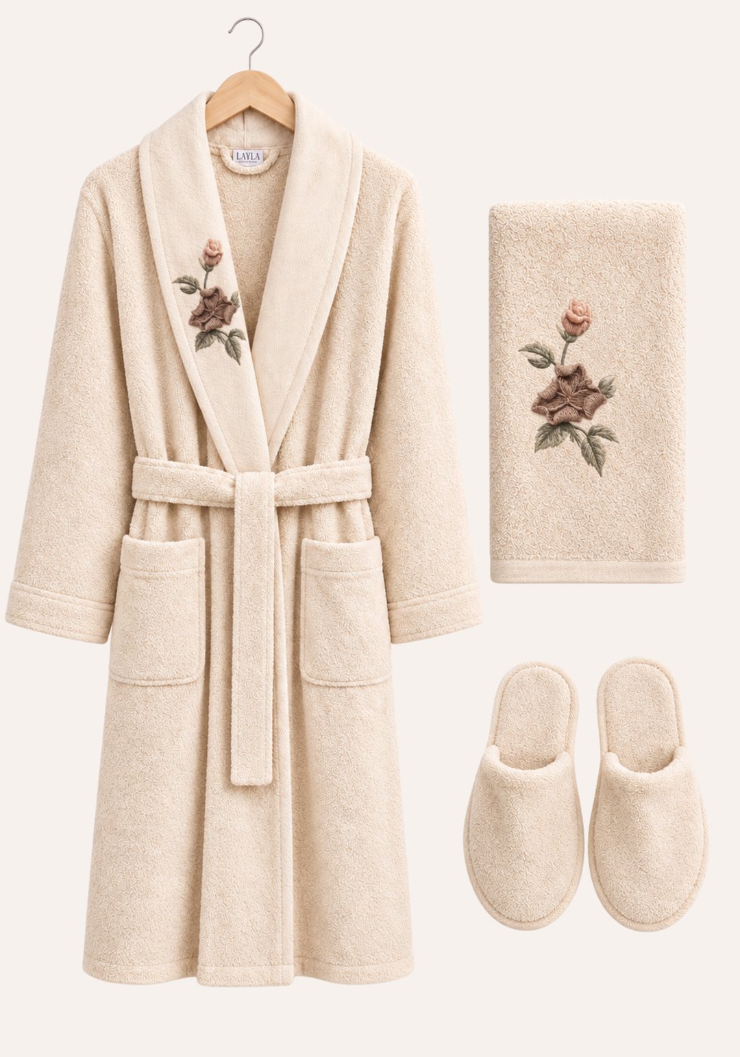 3 Pieces Single Bathrobe Embroidered Set