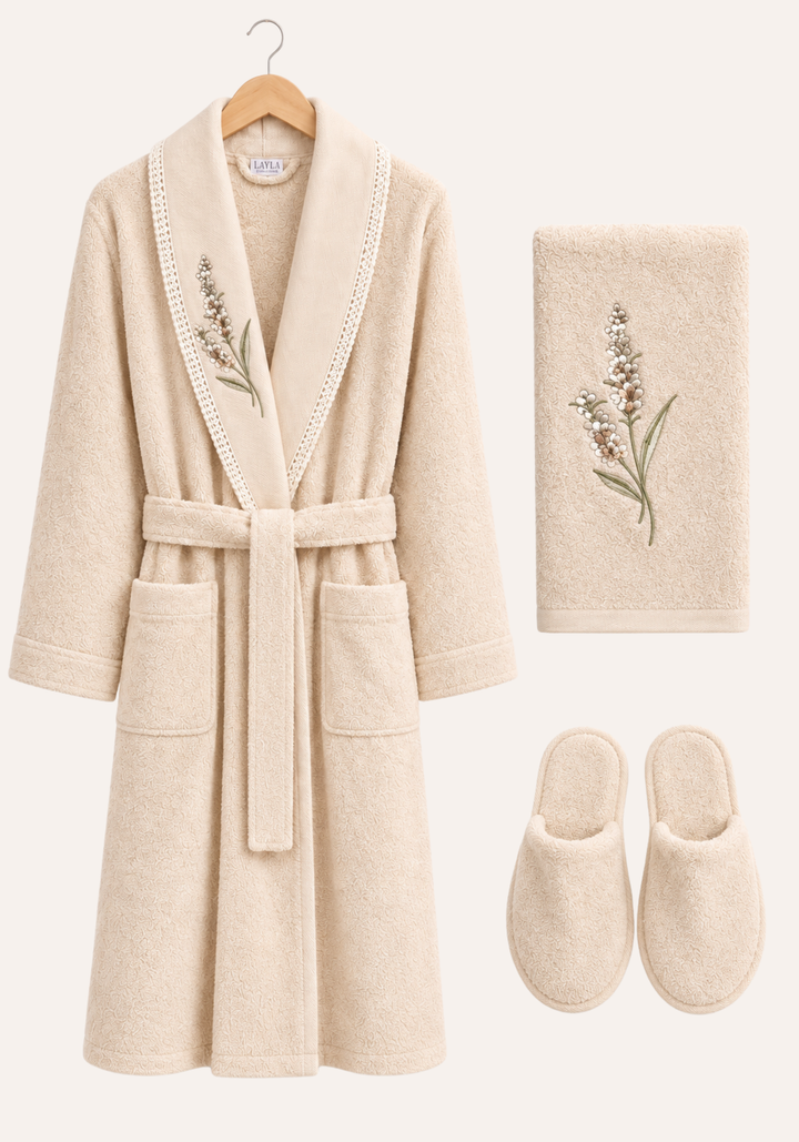3 Pieces Single Bathrobe Embroidered Set